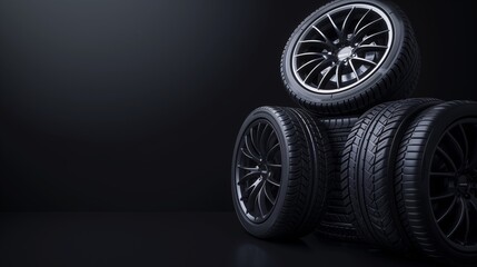 A stack of high-performance car tires with sleek alloy wheels on a dark background.