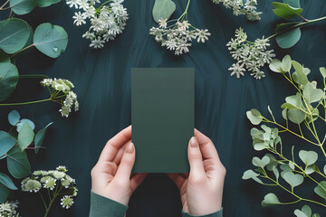 Stylish elegant flat lay dark green floristic greeting invitation post card with copy space mockup. - obrazy, fototapety, plakaty
