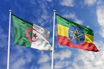 3d illustration. Algeria and Dominica Flag waving in sky. High detailed waving flag. 3D render. Waving in sky. Flags fluttered in the cloudy sky.