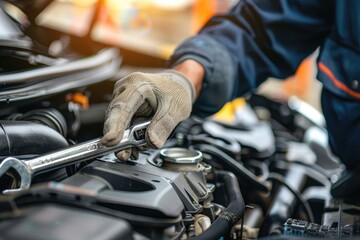 Auto mechanic repairing car engine in auto repair shop. Car service and maintenance concept