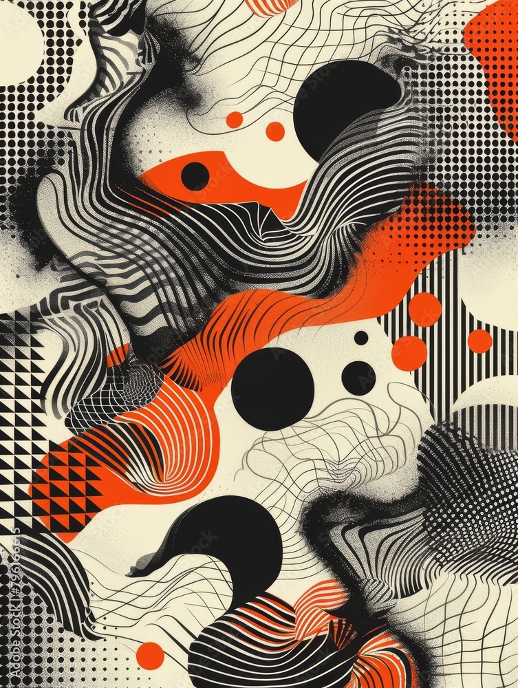 Poster abstract pattern, dynamic stripes and dots creating an optical illusion, engaging and playful