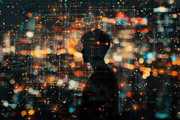 silhouette of a person set against a futuristic digital cityscape, depicted in double exposure The city is a network of glowing lines and data streams, blending with the human