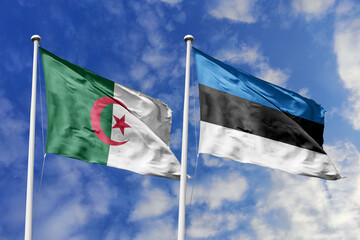 3d illustration. Algeria and  Estonia Flag waving in sky. High detailed waving flag. 3D render. Waving in sky. Flags fluttered in the cloudy sky.