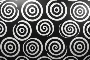 An abstract design of black and white spirals, inspired by optical illusions that create a sense of movement