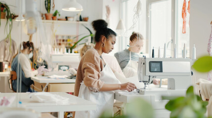 A woman is sewing using a machine in a workshop for fashion design. A seamstress is operating a sewing machine in a fashion design workshop, providing a custom sewing service for customers. Coworking