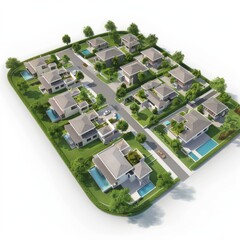 3D Render of a suburban planned unit development with modern single-family homes and community pools, on isolated white background, Generative AI