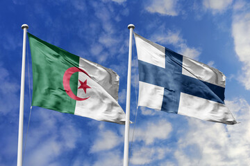 3d illustration. Algeria and Finland Flag waving in sky. High detailed waving flag. 3D render. Waving in sky. Flags fluttered in the cloudy sky.