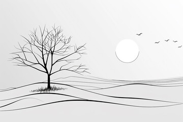 Simplistic vector landscape crisp outlines on white background serene and stylish 