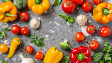 A variety of vegetables including tomatoes, peppers, and broccoli are arranged in a circle on a grey surface