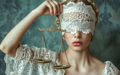 Themis, goddess of justice holding scales and wearing a blindfold. The woman wears a white lace blindfold. Vintage style. - obrazy, fototapety, plakaty