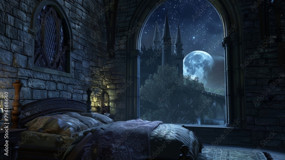 Poster the ethereal beauty of a moonlit castle combined with the comforts of a plush mattress and fluffy pi