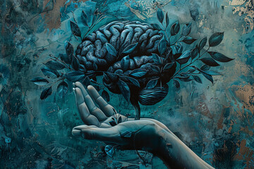 Singular hand holding a botanical enigma, leaves of blue and black transition into the cerebral curves of a cyan brain half - obrazy, fototapety, plakaty