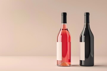 two red and black bottles of wine isolated on beige background,  mockup with minimalistic label design, card with copy space