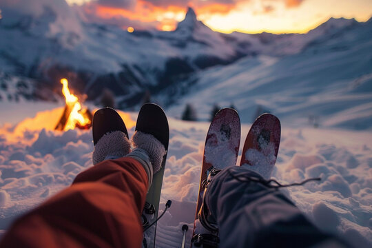 Skiing adventures in snowy mountains, exhilaration of downhill runs, cozy evenings by the fire, shared joy