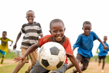 african children playing soccer together at summer camp