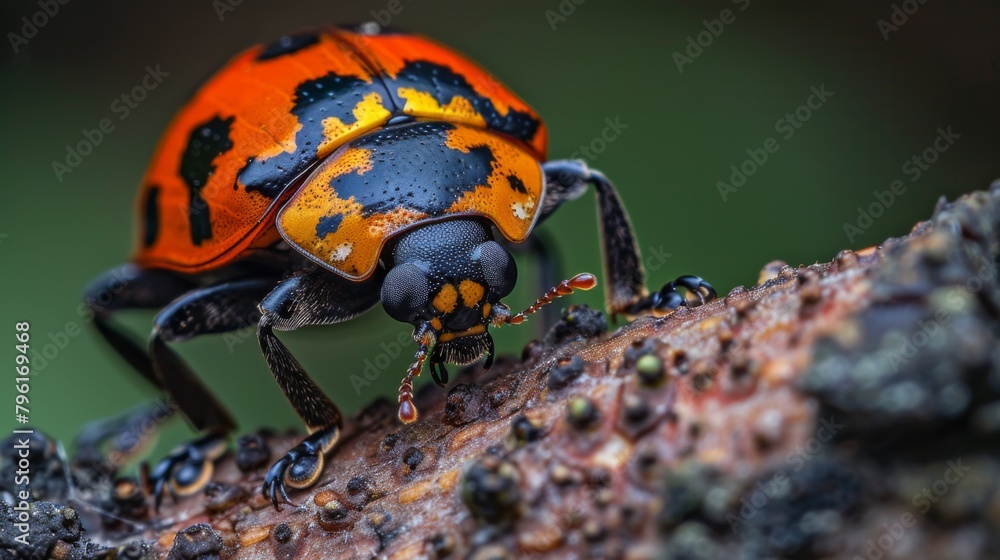 Poster A macro shot of a vibrant ladybug crawling on a tree branch, showcasing the intricate details of nature