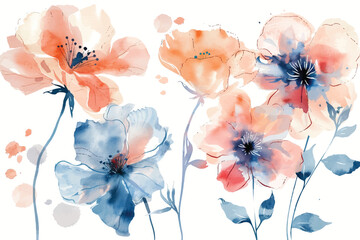 A collection of soft watercolor blooms, kissed with peach and blue, rests on a serene white background.