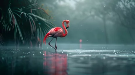 Foto op Plexiglas A vibrant flamingo stands gracefully in a misty, tropical wetland with serene water reflections. © Natalia