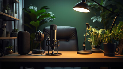 Professional podcast setup featuring a high-quality microphone and soundproofing foam in a home studio,