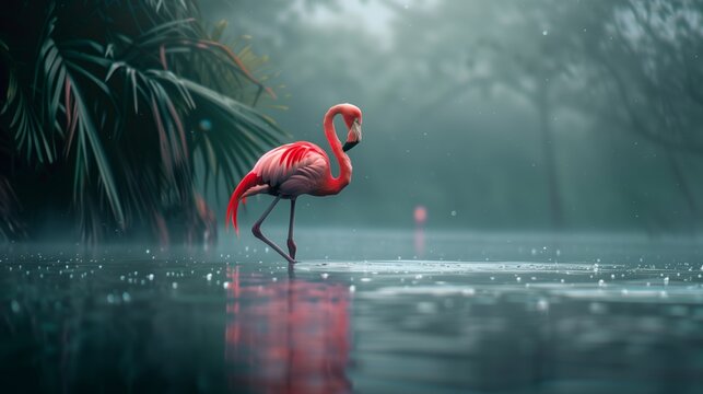 A vibrant flamingo stands gracefully in a misty, tropical wetland with serene water reflections.