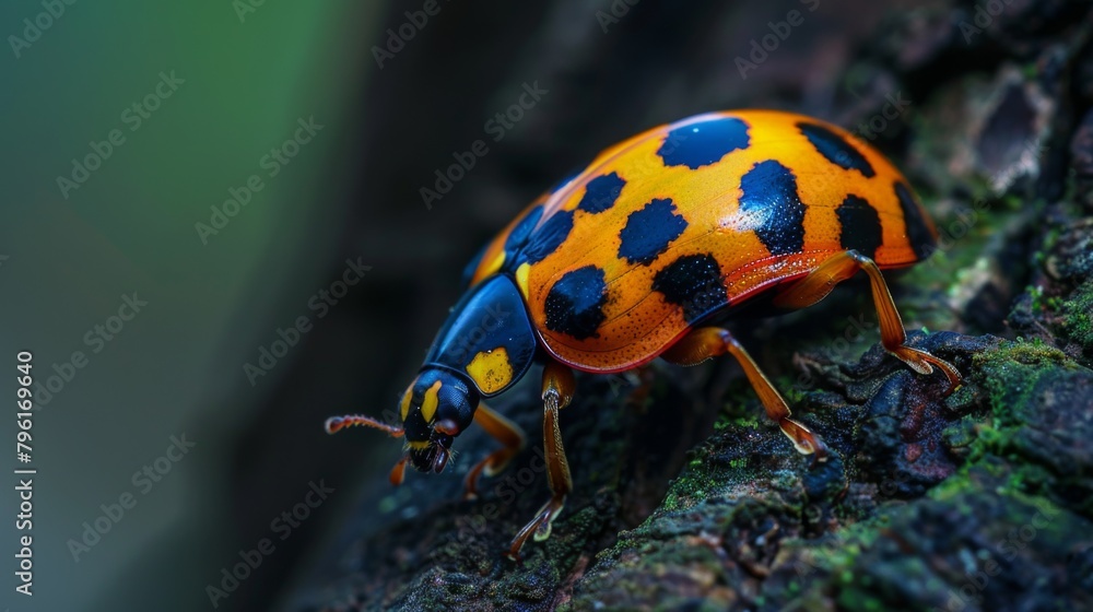 Poster A macro shot of a vibrant ladybug crawling on a tree branch, showcasing the intricate details of nature