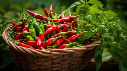 Organic hot peppers in a basket, vibrant reds and greens, spicy ingredient focus,