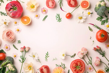 Sleek floral and vegetable frame minimal design white center solid pastel backdrop