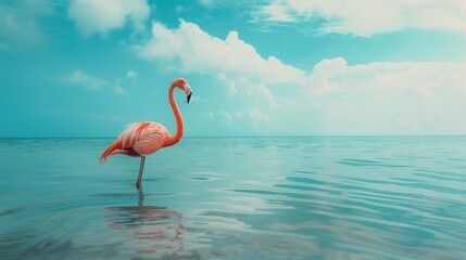 A vibrant pink flamingo stands gracefully in calm blue waters under a partly cloudy sky.