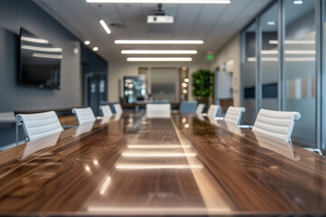 Sleek and Modern Conference Room with Long Wooden Table, White Chairs, and Projector on the Ceiling. Minimalist Design in Professional Workspace Setting.