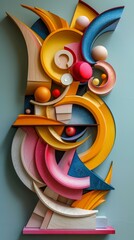 Abstract shapes, spheres, cubes in child's toy colors create a playful assortment