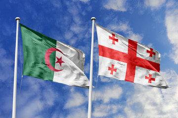 3d illustration. Algeria and Georgia Flag waving in sky. High detailed waving flag. 3D render. Waving in sky. Flags fluttered in the cloudy sky.