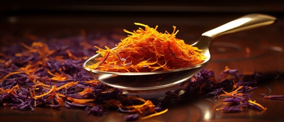 Organic saffron threads on a spoon, luxurious and expensive spice, close-up,