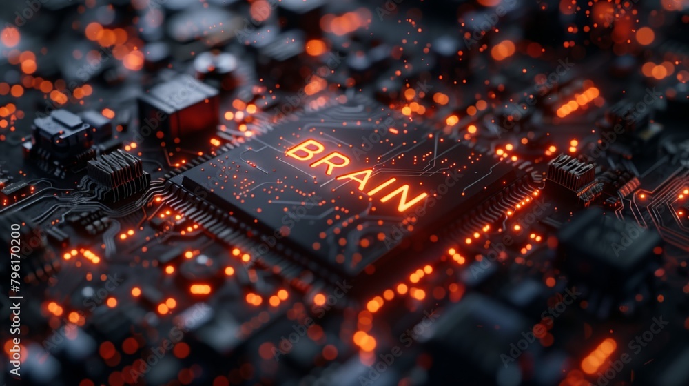 Wall mural Close-up view of a high-tech microchip with 'BRAIN' illuminated in orange, surrounded by glowing circuits.