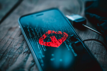 Smartphone receiving a dangerous phishing SMS visual warning signs - obrazy, fototapety, plakaty