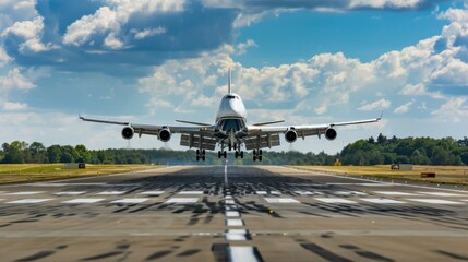 A majestic jumbo jet descending towards the runway, its landing gear deployed as it prepares for a smooth touchdown amidst the anticipation of arrival.