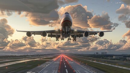 A majestic jumbo jet descending towards the runway, its landing gear deployed as it prepares for a...