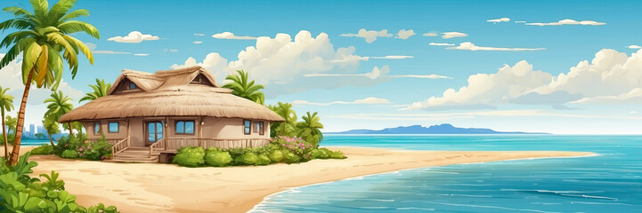 Modern tropical bungalow Illustration with a thatched roof on the beach with palm trees by the sea. Rent accommodation on a trip, a secluded vacation in a separate bungalow - obrazy, fototapety, plakaty