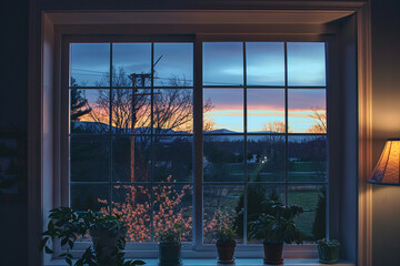 soft light at dusk, illuminating the scene from a large window