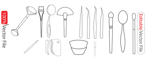  Set of cosmetics one line vector drawing. Multiple items lipstick, mascara, blush, makeup. Beauty linear icons. Skin and body care and outline vector signs and symbols collection. Makeup outline icon