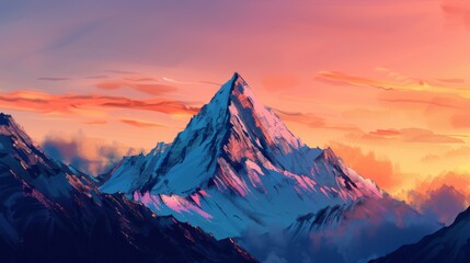 A majestic mountain peak basks in the warm glow of sunrise, its rugged silhouette against the colorful sky symbolizing strength and resilience in the face of the new day.