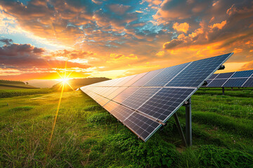 Solar cell farm power plant and solar panels with sunset in evening, Solar energy with warm sky, Clean energy, Alternative energy - obrazy, fototapety, plakaty