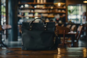 Realistic black canvas bag mockup in a cafe setting. Concept Mockup, Black Canvas Bag, Realistic, Cafe Setting, Product Display
