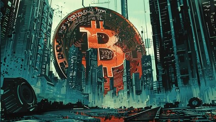 A giant bitcoin stuck rooted in a city near a long-abandoned tall building. hinting at the success of bitcoin and the demise of the conventional economy - obrazy, fototapety, plakaty