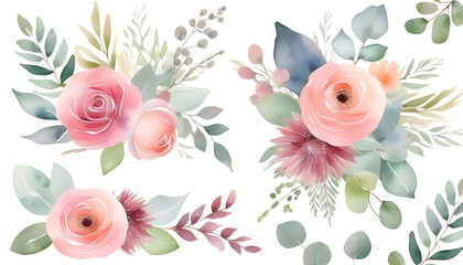 A close-up photo of a bouquet of pink watercolor flowers and eucalyptus leaves on a white background - Powered by Adobe