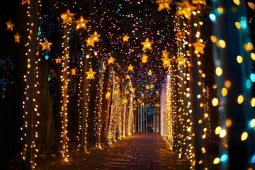 Vivid enchanting scene with shimmering lights and cascading stars in augmented reality. Concept Enchanted Garden, Glowing Decor, Starry Night, Magical Lights, Virtual Reality