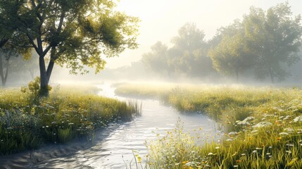 A river runs through a field of grass and trees
