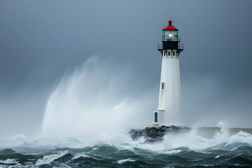 Obraz premium solitary lighthouse standing strong in a storm