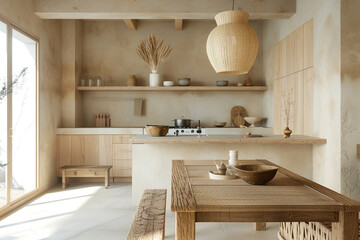 Soothing Japandi kitchen Scandi simplicity boho details neutral and earthy colors inviting warmth  - obrazy, fototapety, plakaty