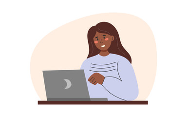 Woman with laptop, online education or online working concept. Vector illustration in flat style.