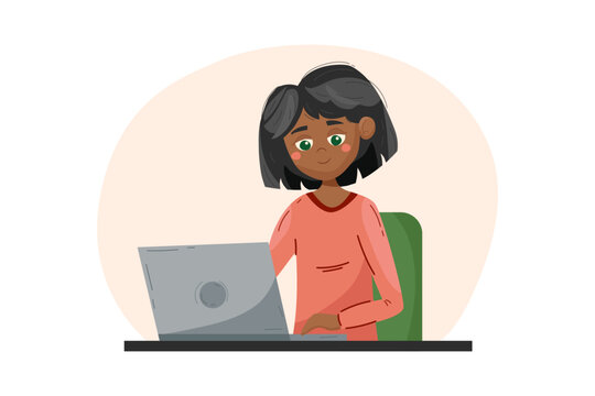 Woman with laptop, online education or online working concept. Vector illustration in flat style.